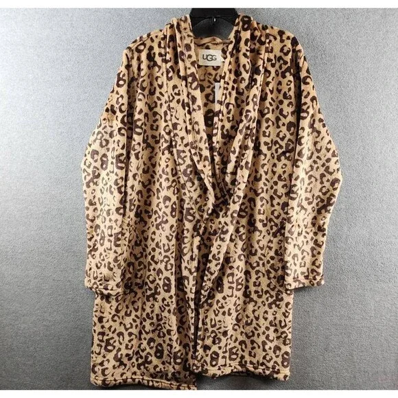 UGG Miranda Double Face Fleece Hooded Robe Women's M Live Oak Leopard Pockets - Picture 3 of 15